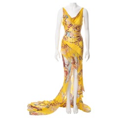 Roberto Cavalli yellow floral bias cut silk evening dress and corset, ss 2003