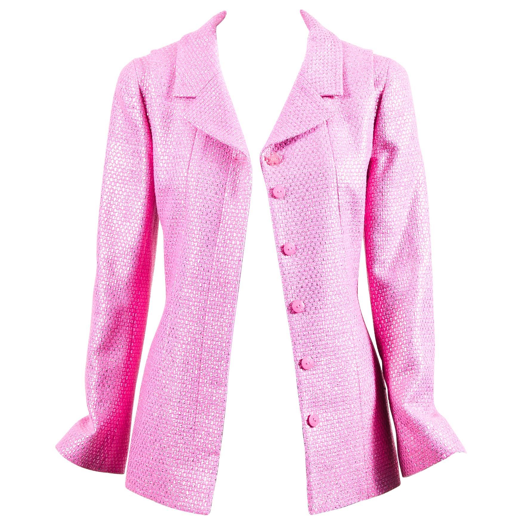 Chanel Bubblegum Metallic Pink Collared LS Buttoned Jacket SZ 40 For Sale