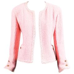 Chanel Boutique Pink Boucle Tweed Braided Embroidery LS Collarless Blazer SZ 38