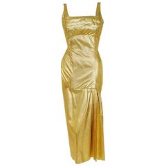 1950's Seductive Metallic-Gold Lame Hourglass Shelf-Bust Cocktail Party Dress  