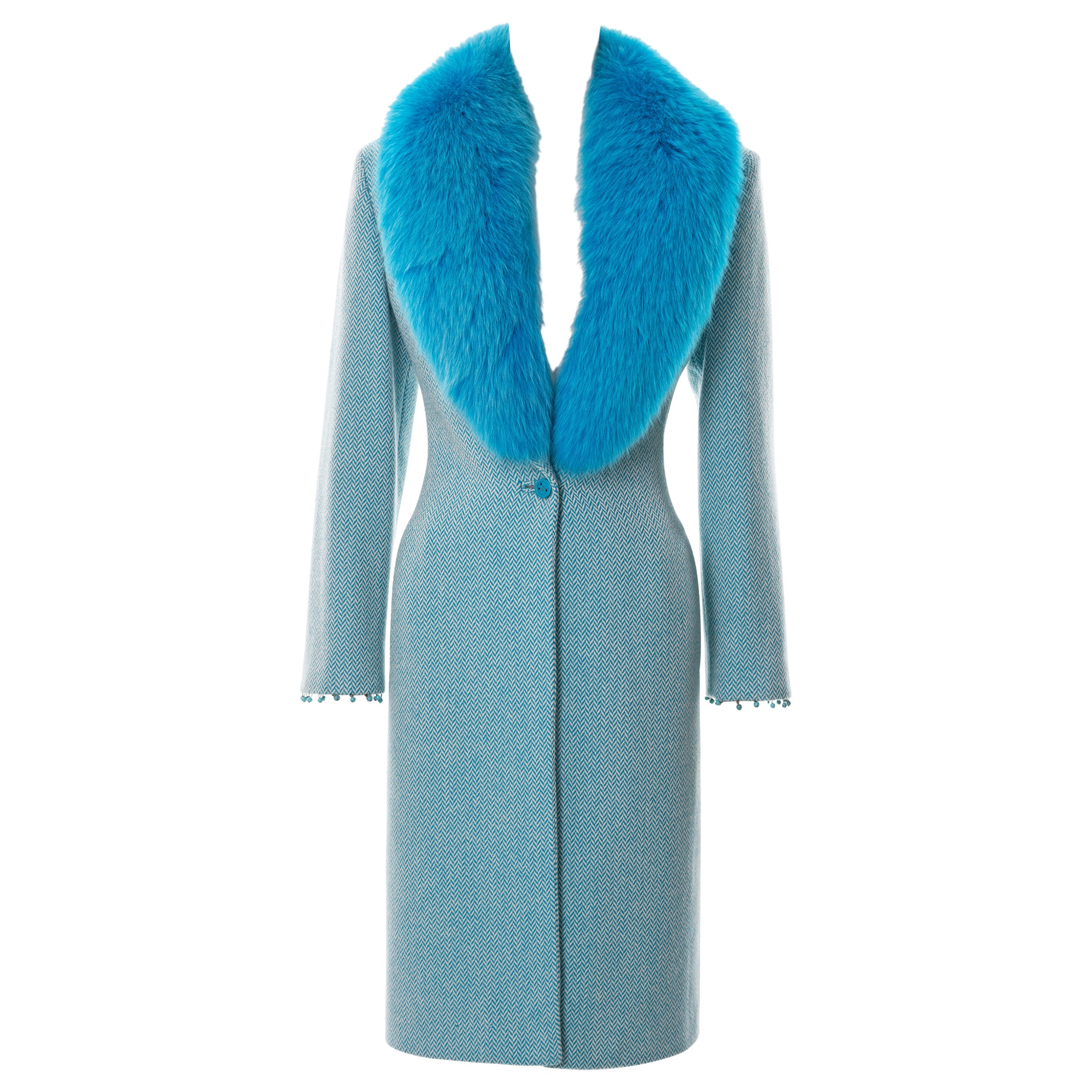 Gianni Versace herringbone tweed coat with blue fox fur collar, fw 1999 For Sale