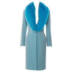 Vintage Gianni Versace herringbone tweed coat with blue fox fur collar, fw 1999