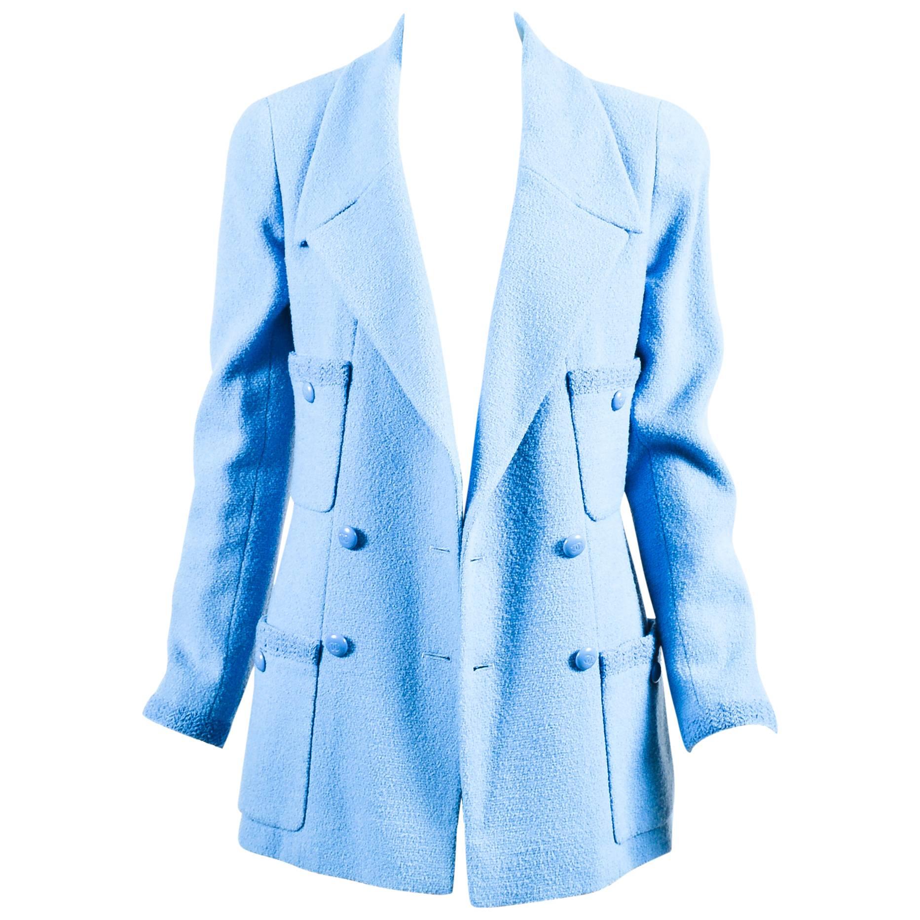Chanel Boutique Baby Blue Wool Double Breasted Four Pocket LS Jacket SZ 40 For Sale
