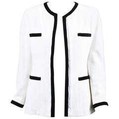 Vintage Chanel Boutique Black & White Cotton Boucle LS Woven Trim Jacket SZ 40