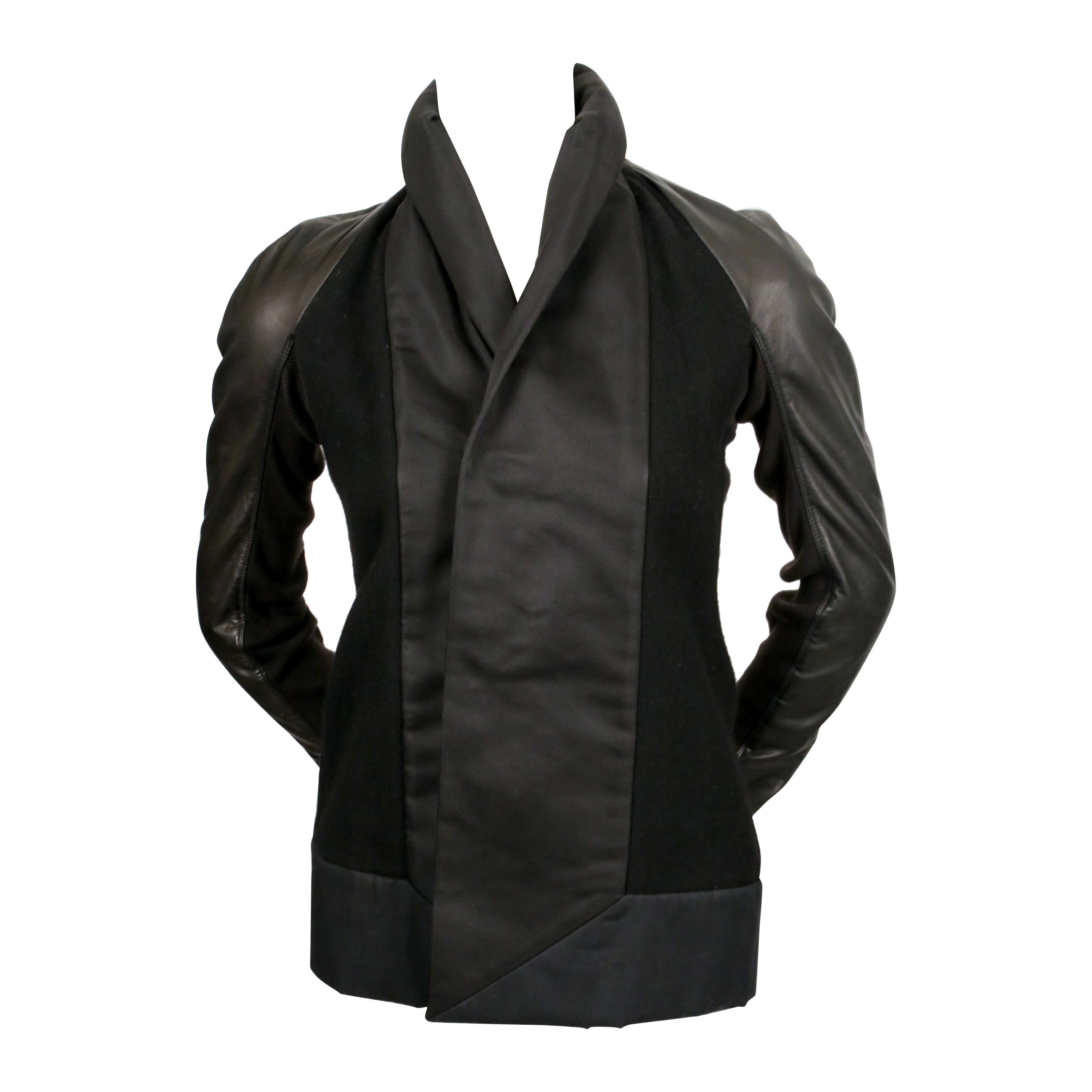 RICK OWENS black jacket with leather sleeves and asymmetrical hemline For Sale