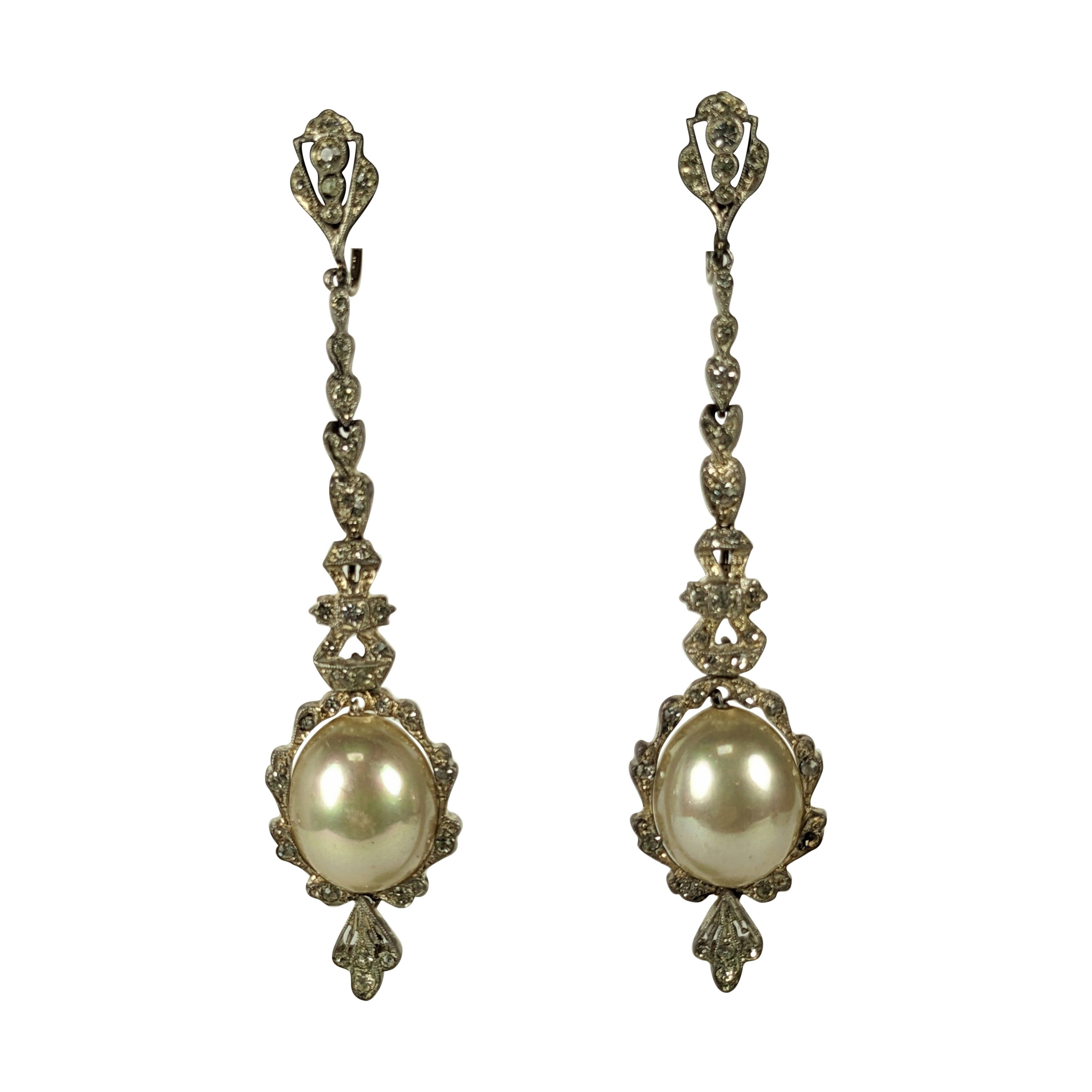 Long Edwardian Paste and Faux Pearl Earrings For Sale
