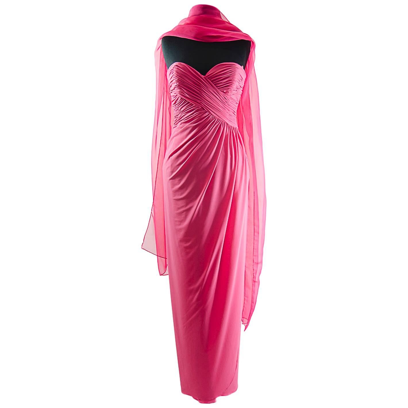 Victor Costa Beautiful Hollywood  glamor strapless pink gown with long shawl For Sale