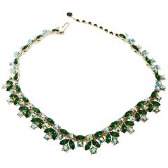Vintage Signed Trifari Green & Aurora Borealis Rhinestone Necklace