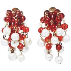 Vintage Signed 1950s DeMario Red Glass & Faux Pearl Earrings
