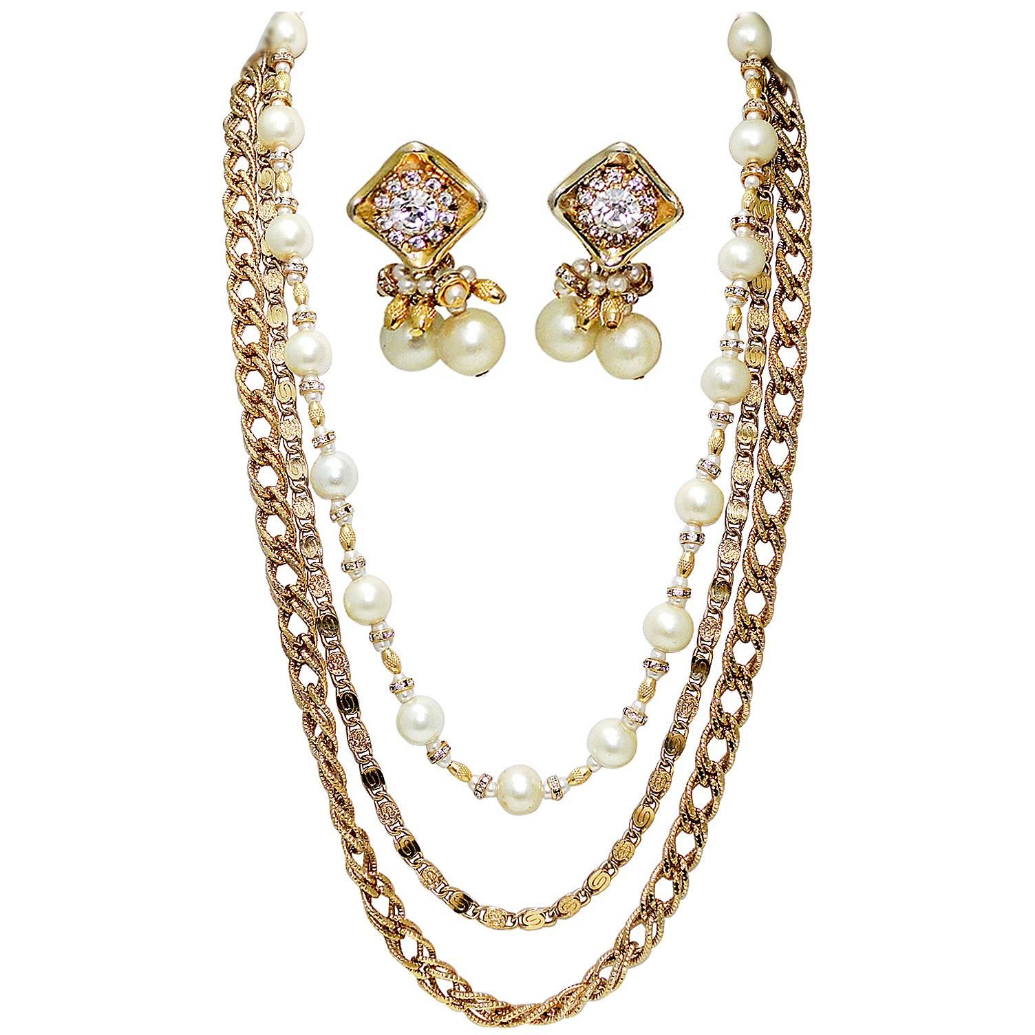 Vintage Trifari Three Strand Faux Pearl & Gold Tone Link Necklace & Earrings Set