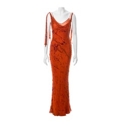 John Galliano orangefarbenes schräg geschnittenes Kleid aus Seidendevoré, fw 2000