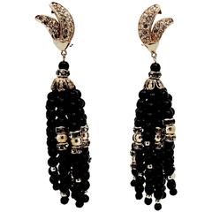 Vintage Long Black Bead & Crystal Tassel Earrings