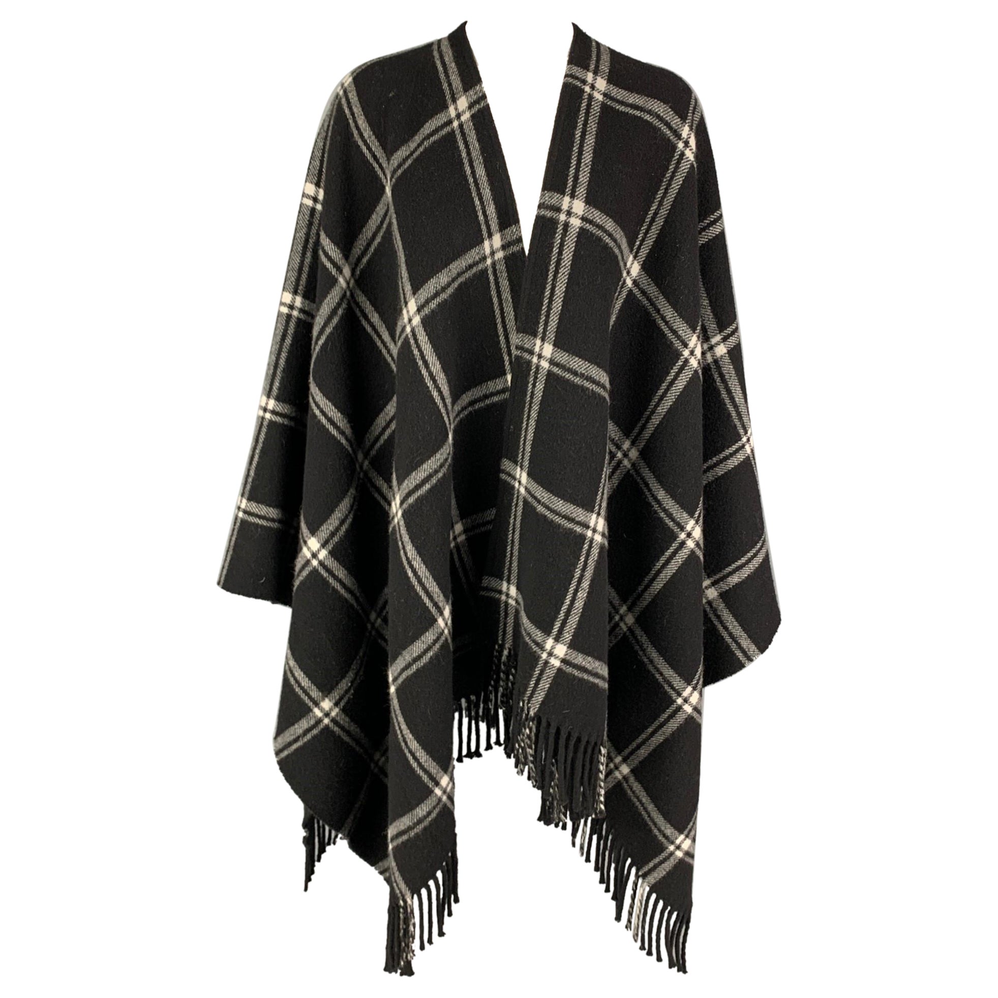 ANNE FONTAINE Size One Size Black White Wool Plaid Fringed Cape