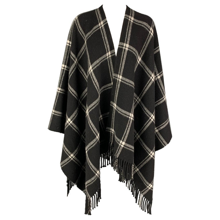 ANNE FONTAINE Size One Size Black White Wool Plaid Fringed Cape For ...