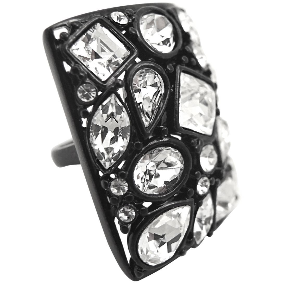 Kenneth Jay Lane Dramatic Black Enamel Crystal Ring