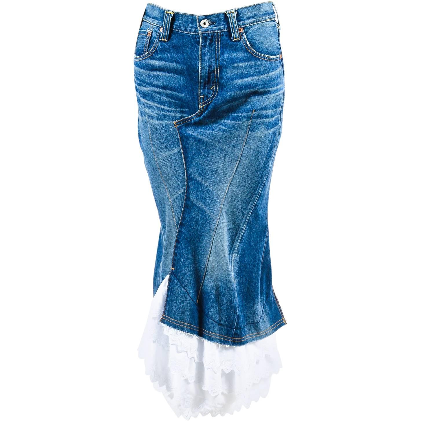 Junya Watanabe Comme des Garcons Blue White Denim Ruffle Trumpet Skirt SZ S For Sale