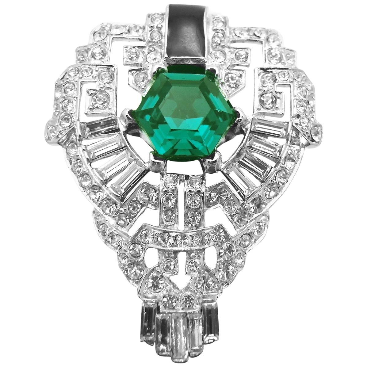 Kenneth Jay Lane Emerald Green & Clear Crystal Statement Ring