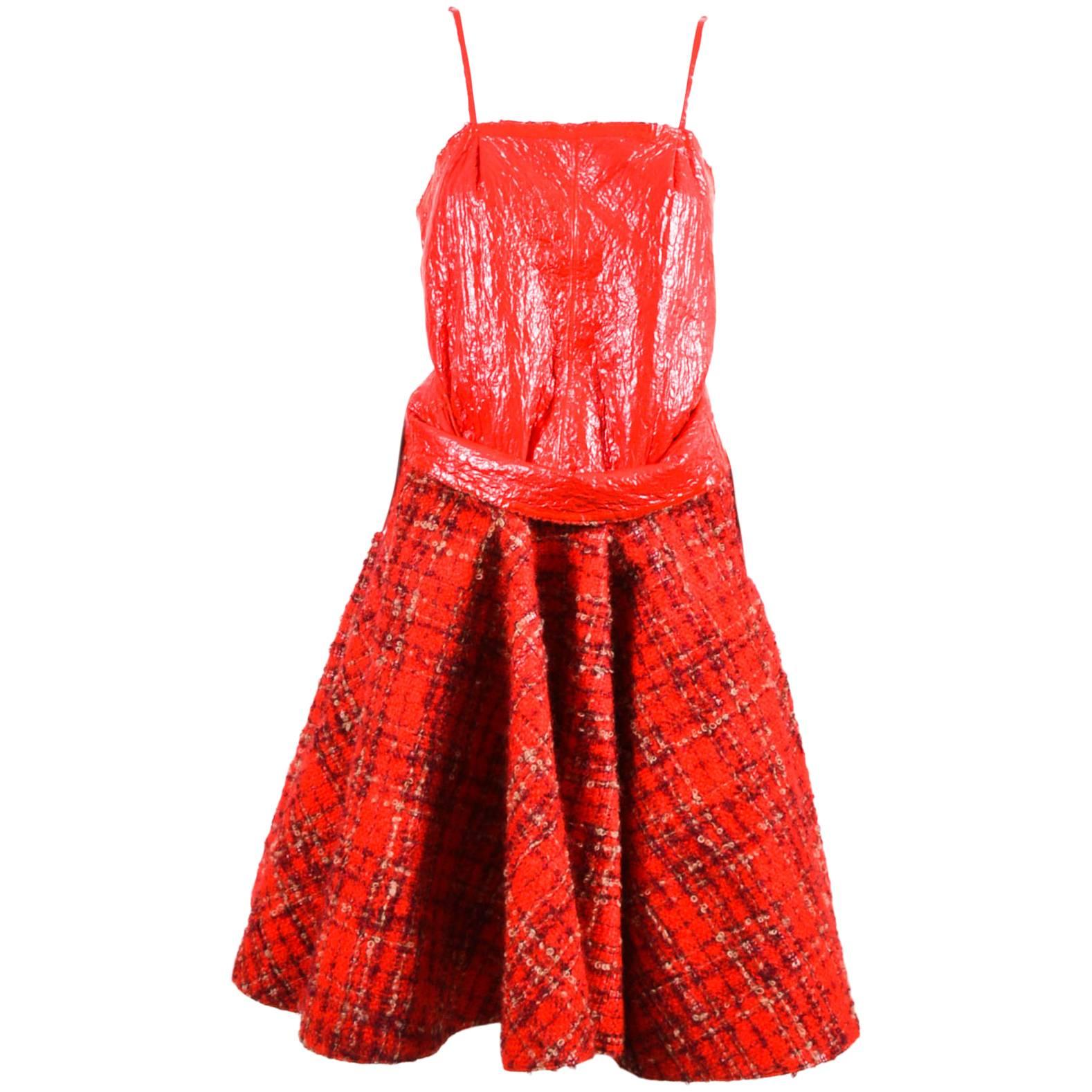 Junya Watanabe Comme des Garcons NWT Red Wool Checkered Draped Dress Size Small For Sale