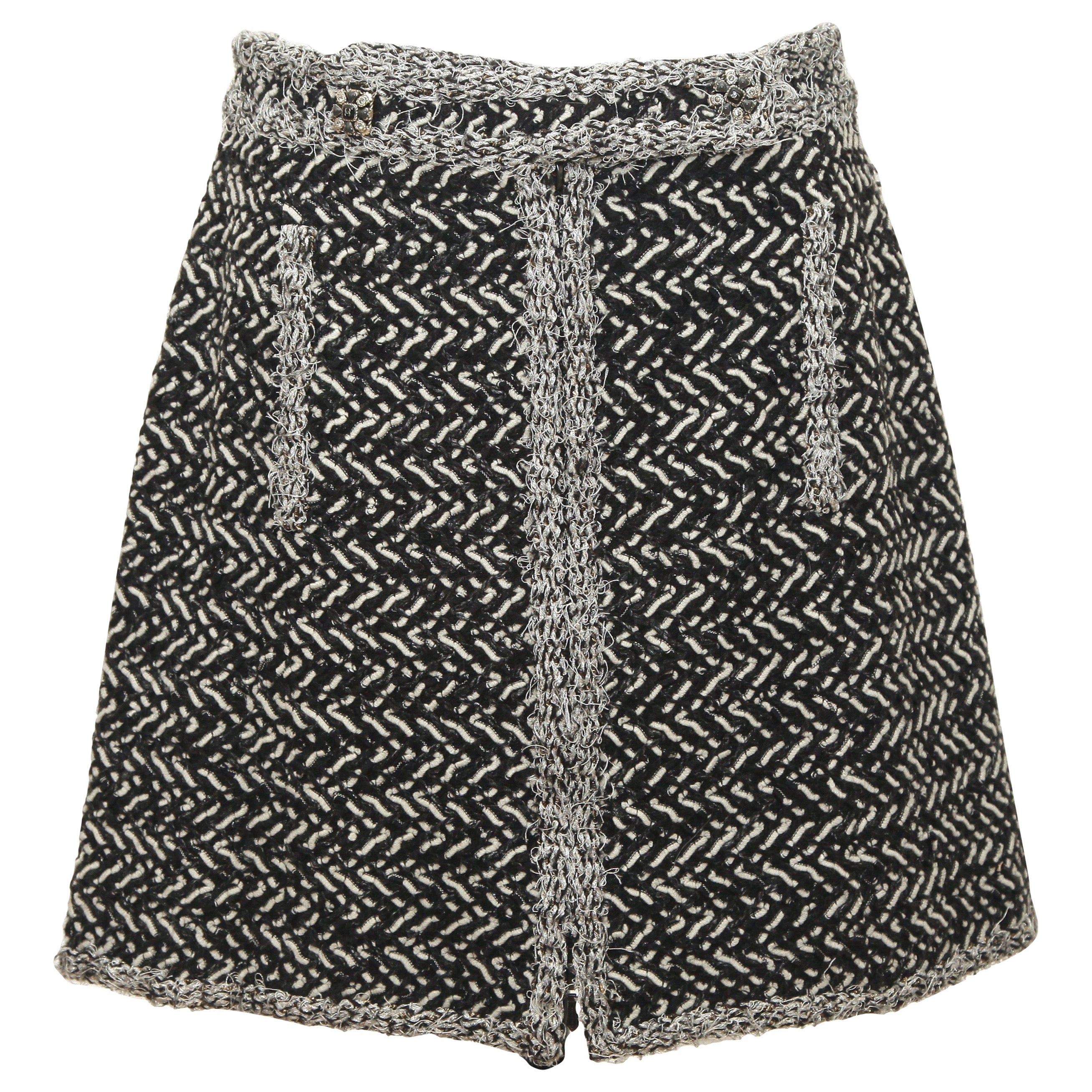 CHANEL Black Tweed Skirt Silver Metallic Zipper Pockets Mini Sz 42 2011 11A