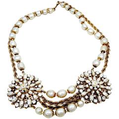 Vintage 1940s Miriam Haskell Double Medallion Faux Baroque Pearl Necklace  