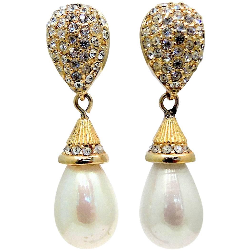 Vintage Signed Christian Dior Crystal Faux Pearl Drop Earrings