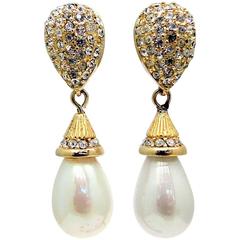 Vintage Signed Christian Dior Crystal Faux Pearl Drop Earrings