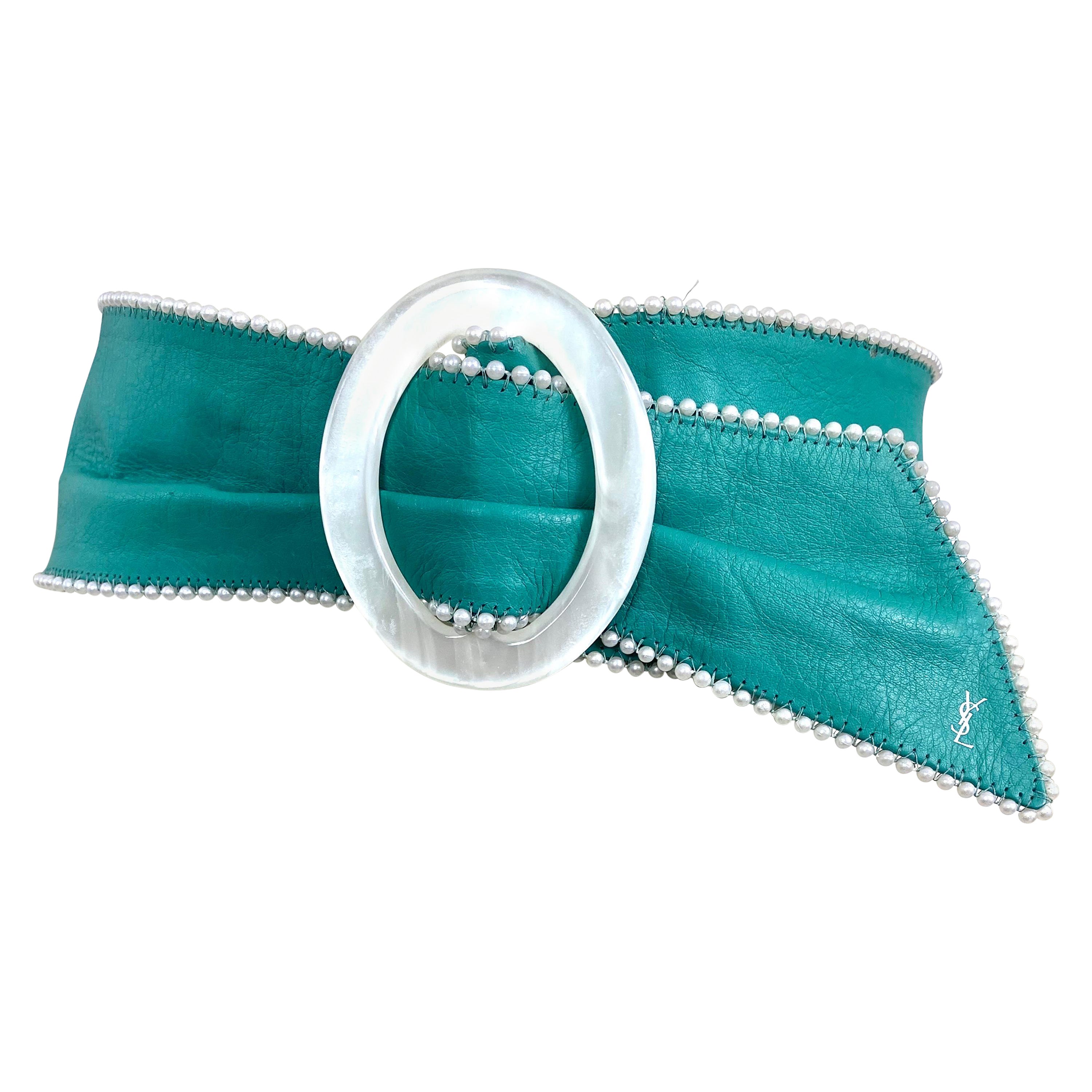 Vintage Yves Saint Laurent turquoise leather belt with pearls and pearly buckle