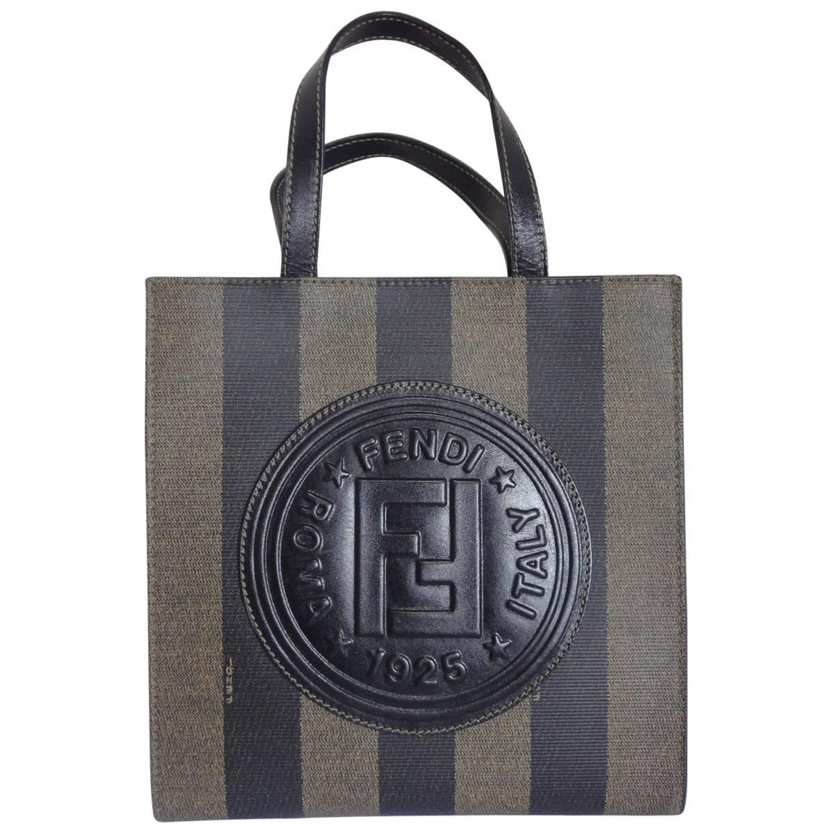 MINT. Vintage FENDI pecan khaki and black vertical stripe mini shopping tote bag