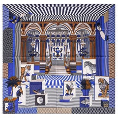 Hermès - Écharpe Grand Theatre Nouveau - Bleu Royal / Mordore / Blanc Soie 90