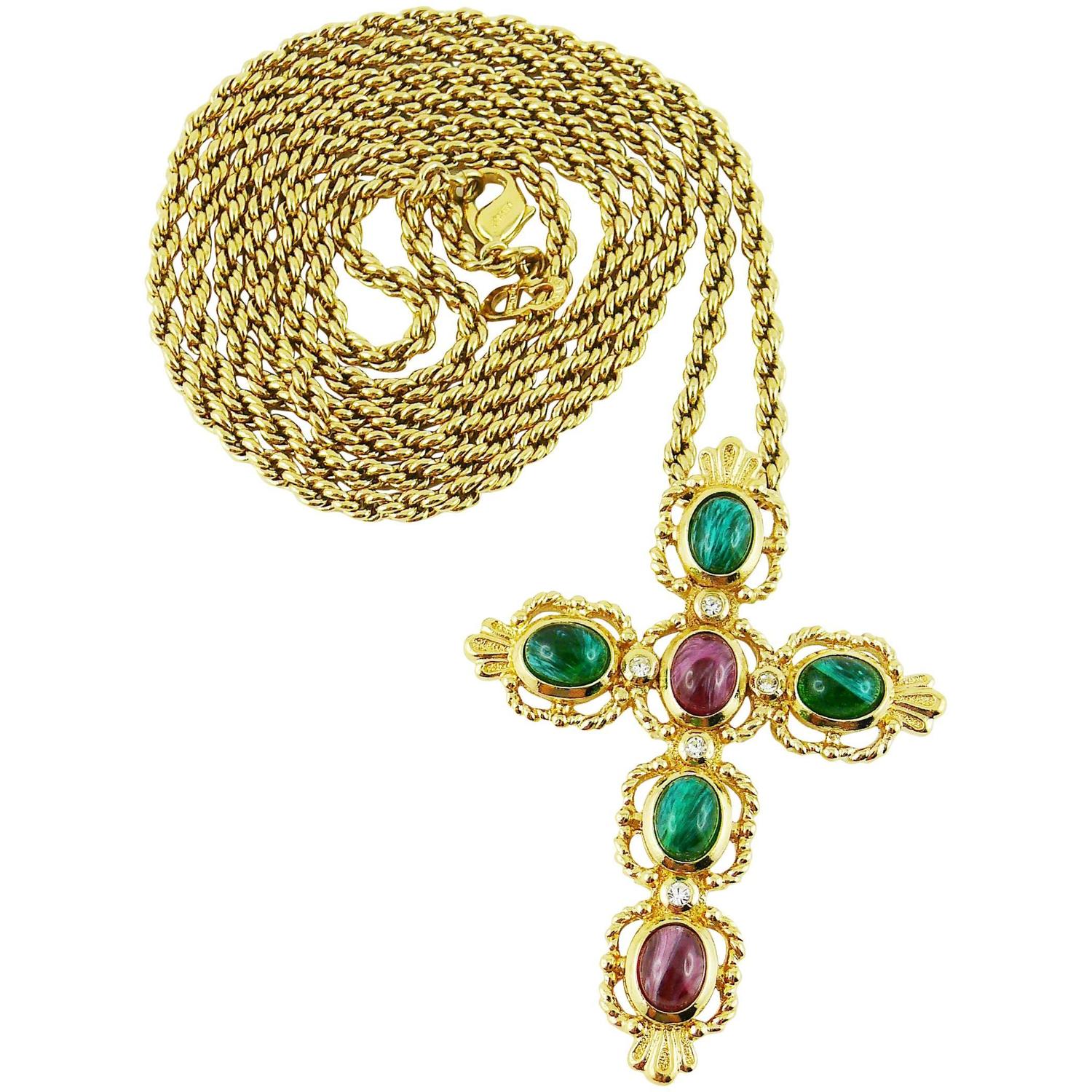 Christian Dior Vintage Jewelled Cross Pendant Necklace For Sale at 1stdibs