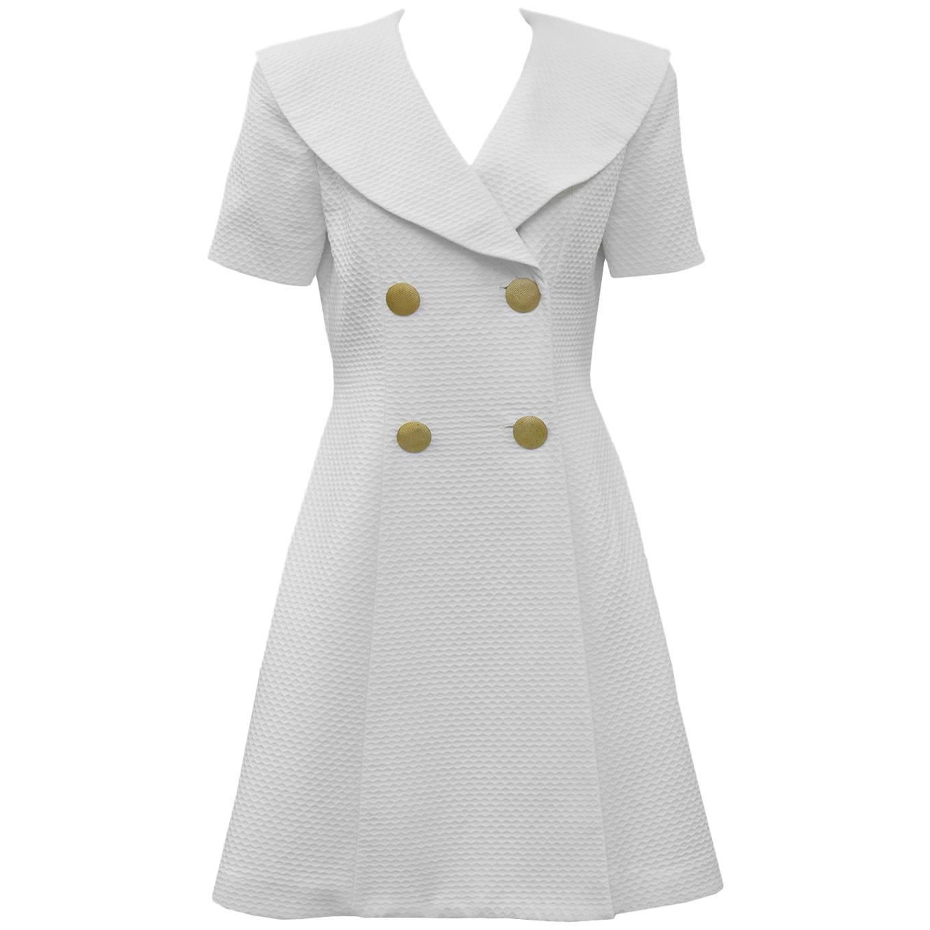 1980's Scaasi White Pique Double Breasted Dress