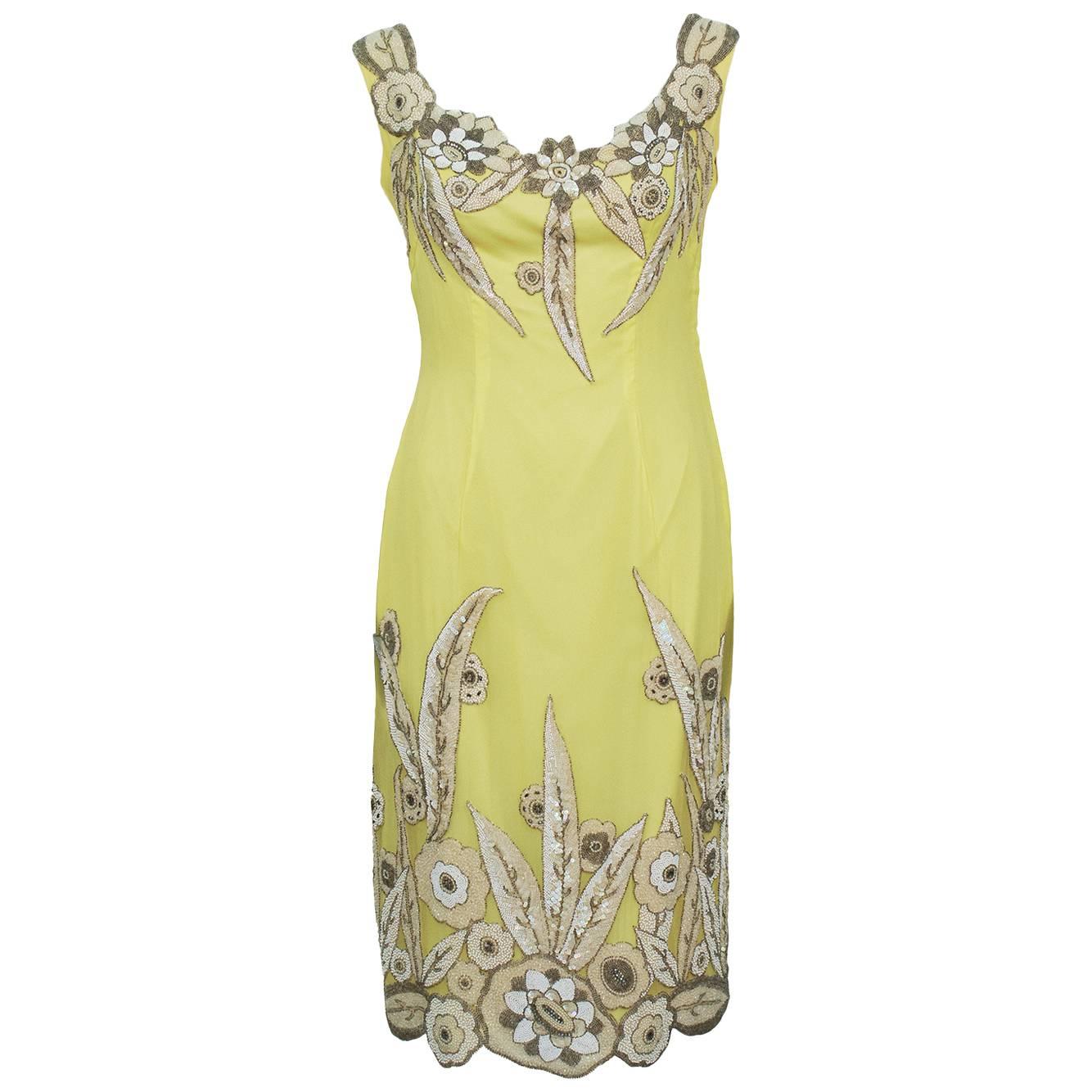 1960's Demi Couture Yellow Silk Dress With 1920's Beading
