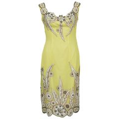 1960's Demi Couture Yellow Silk Dress With 1920's Beading