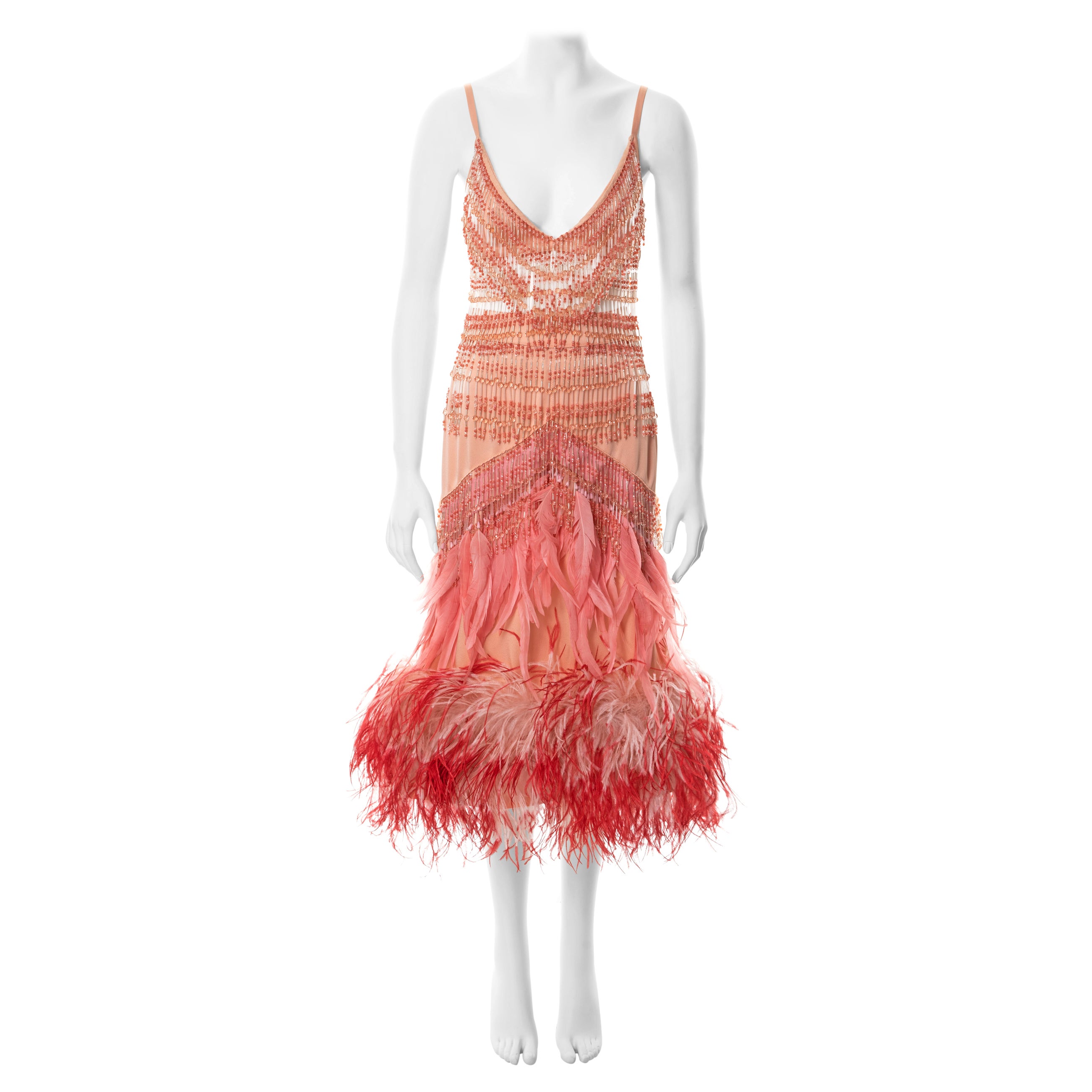 Prada pink silk feather embellished bra and skirt with beaded fringe, fw 2017 For Sale