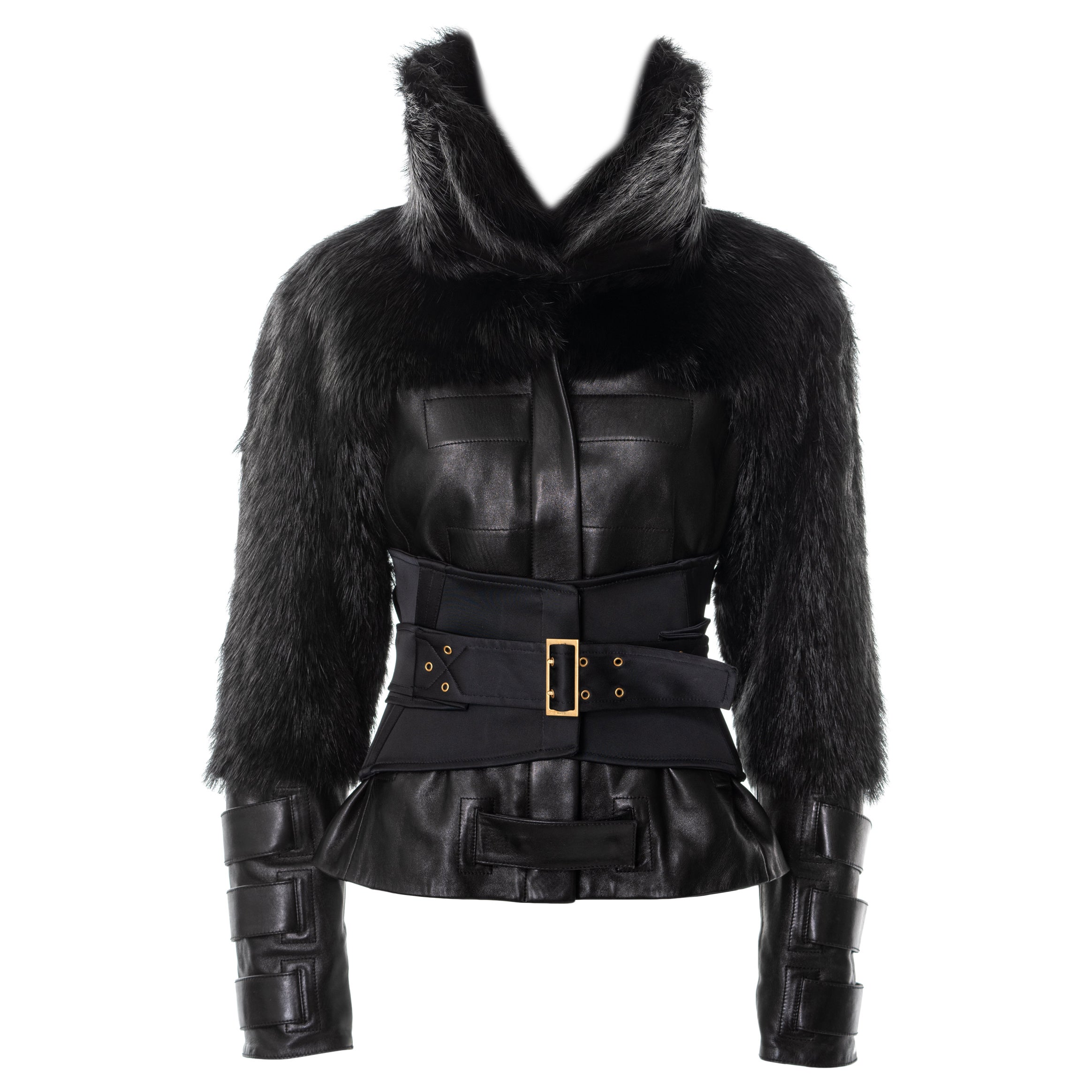 Gucci by Tom Ford veste en cuir noir et fourrure avec corset, fw 2003 en vente