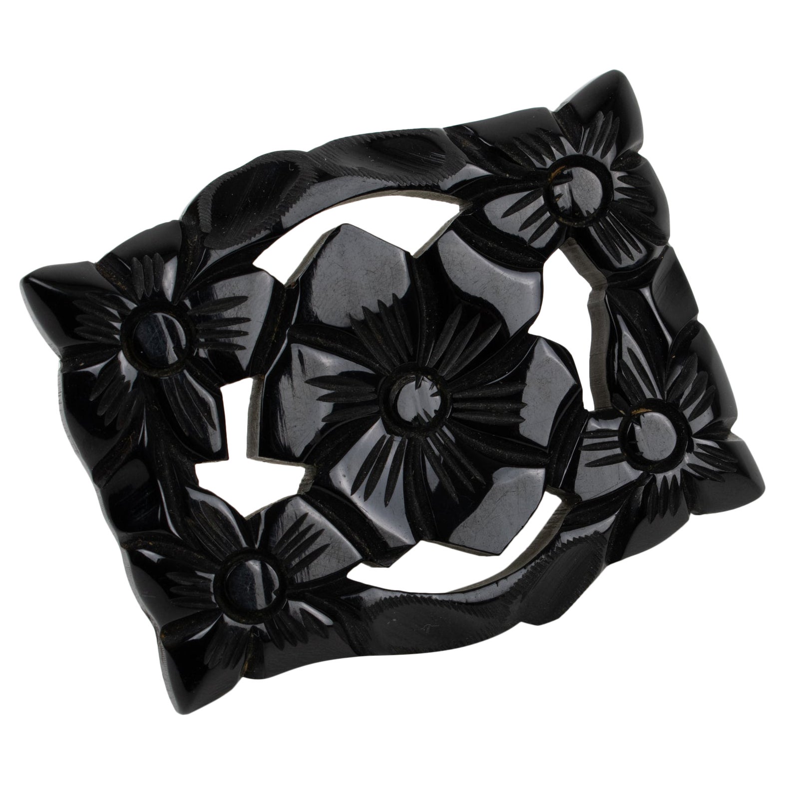 Oversized Black Bakelite Pin Brooch Floral Carving, 1930s For Sale