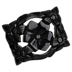 Vintage Oversized Black Bakelite Pin Brooch Floral Carving, 1930s