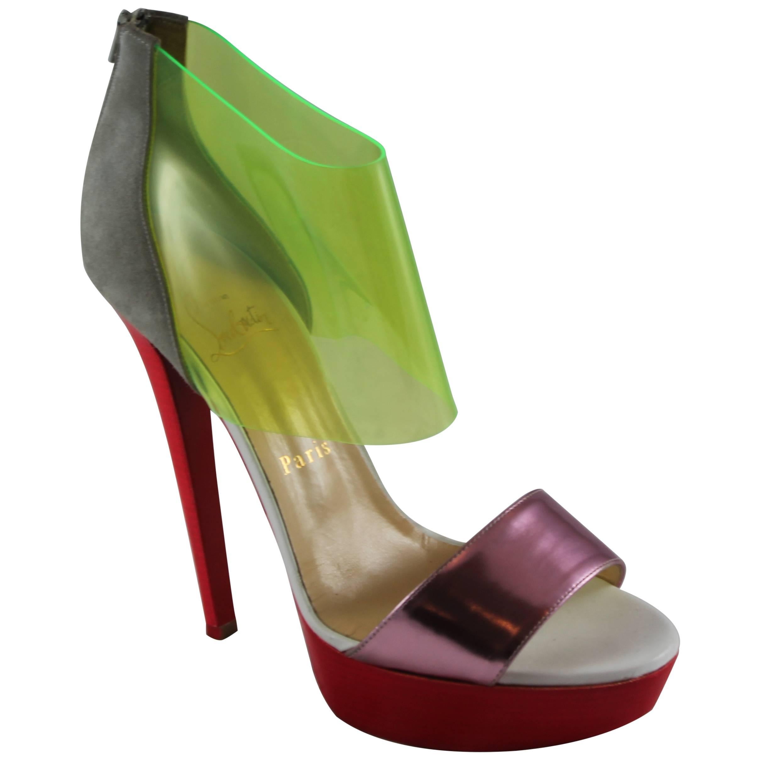 Christian Louboutin Multi Color Suede, Jelly & Leather Cutout Heels - 37.5  For Sale