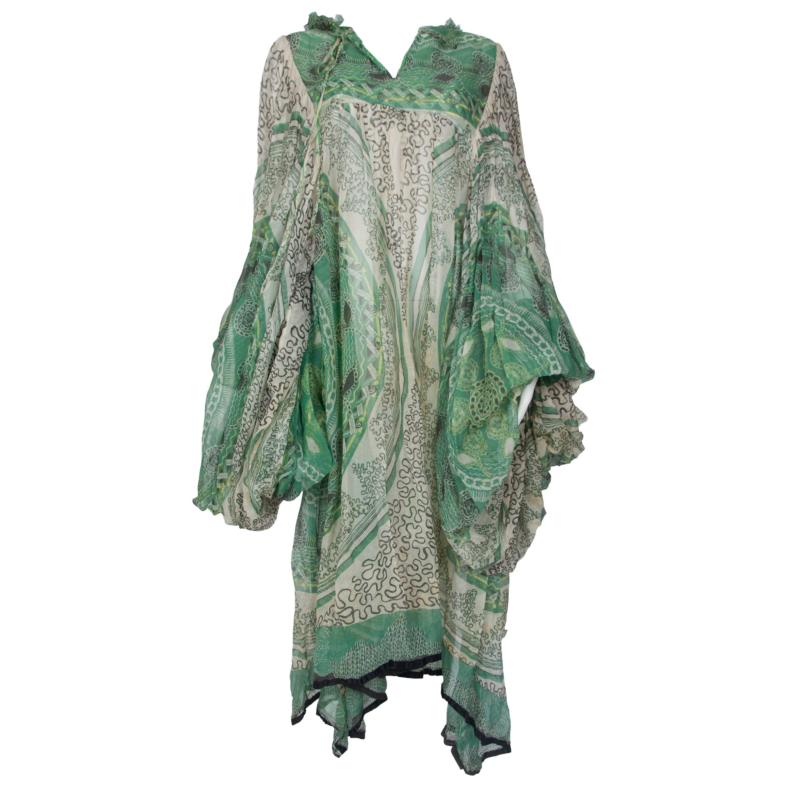 Rare 1969 Zandra Rhodes Ivory and Green Silk Tunic - Sold As Is For Sale