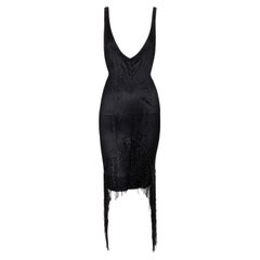 F/W 2002 Gucci by Tom Ford Plunging 20's Flapper Beaded Fringe Black Dress 38