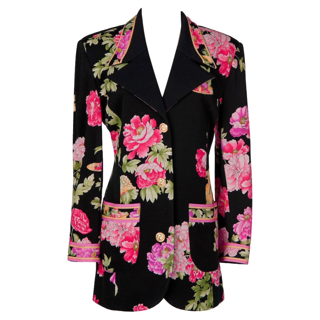 LEONARD PARIS Black Pink Green Wool Knit Jacket with Peony Floral Print, 1990s For Sale