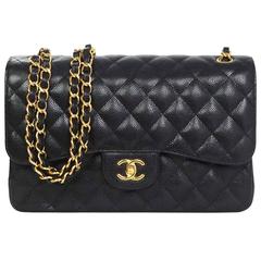 Chanel 2015 Black Quilted Caviar Leather Double Flap Classic Jumbo Bag