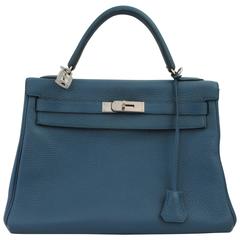 Hermes Blue Thalassa Togo 32cm Retourne Kelly Handbag - PHW-2013