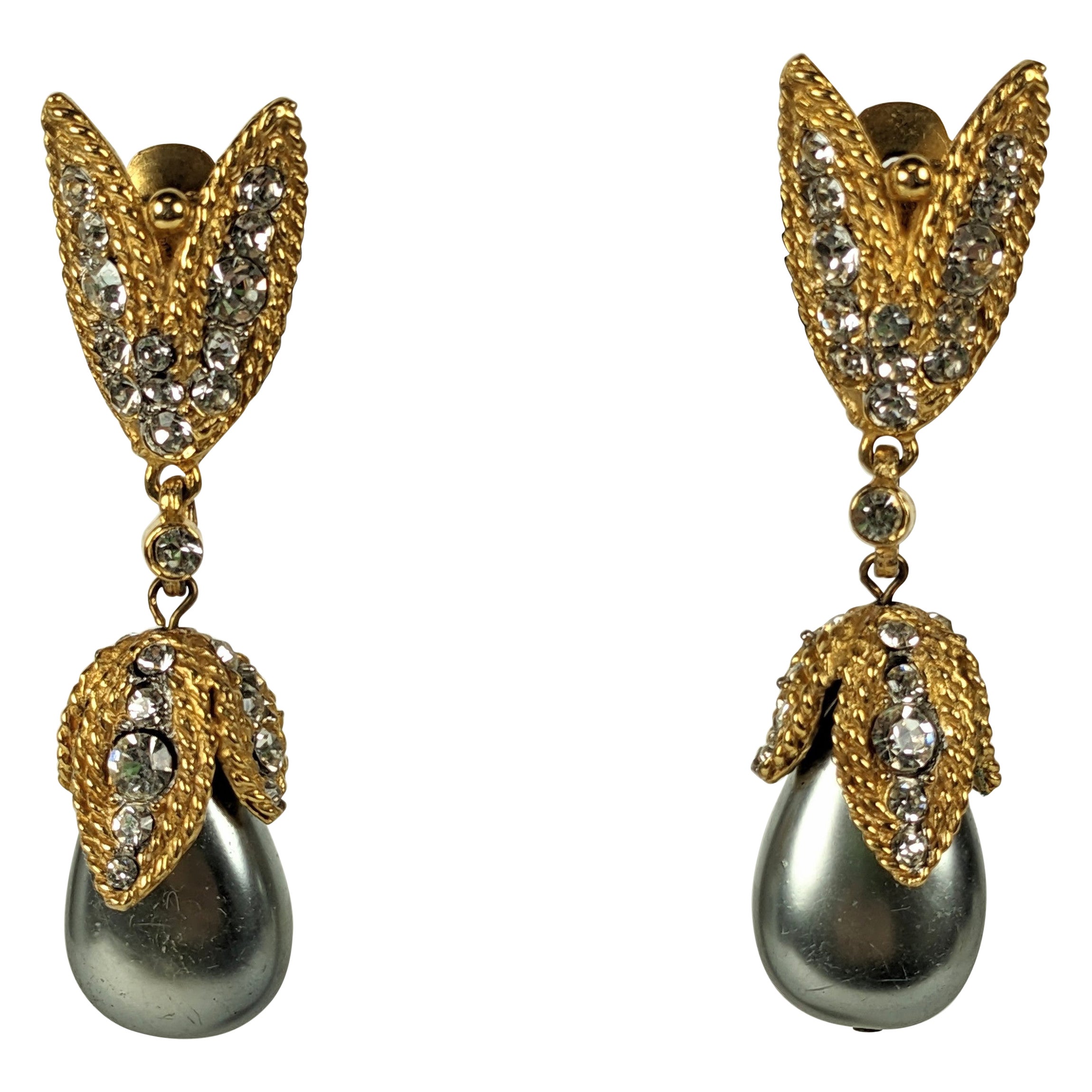 Elegant Kenneth Jay Lane Grey Pearl and Pave Earrings For Sale