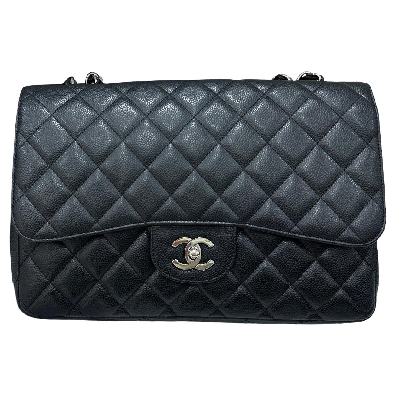 2009 Chanel Jumbo Black Caviar Leather Top Shoulder Bag  For Sale
