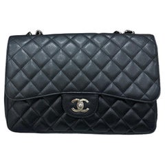 Used 2009 Chanel Jumbo Black Caviar Leather Top Shoulder Bag 