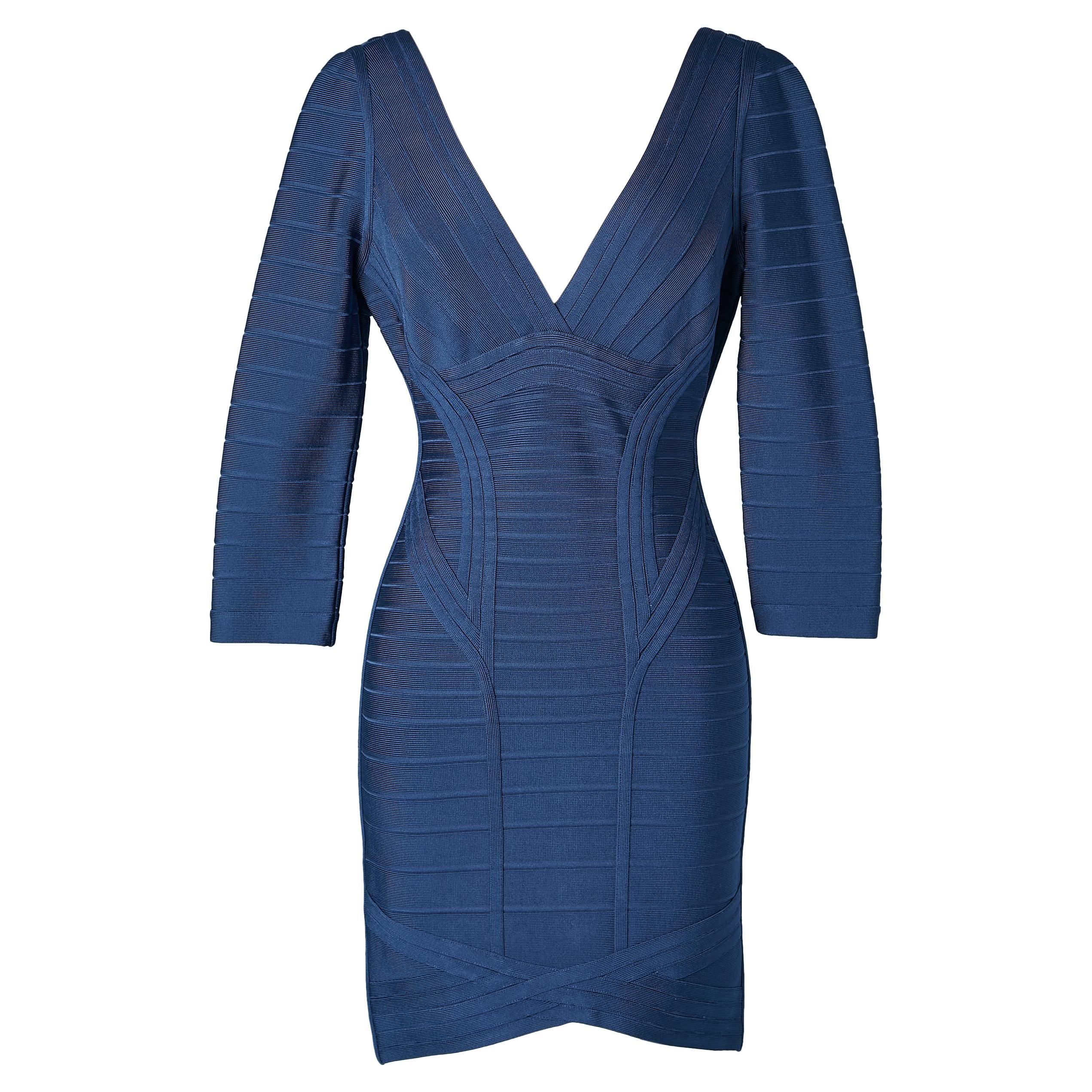 Blue rayon knit cocktail dress with strips Hervé Léger  For Sale