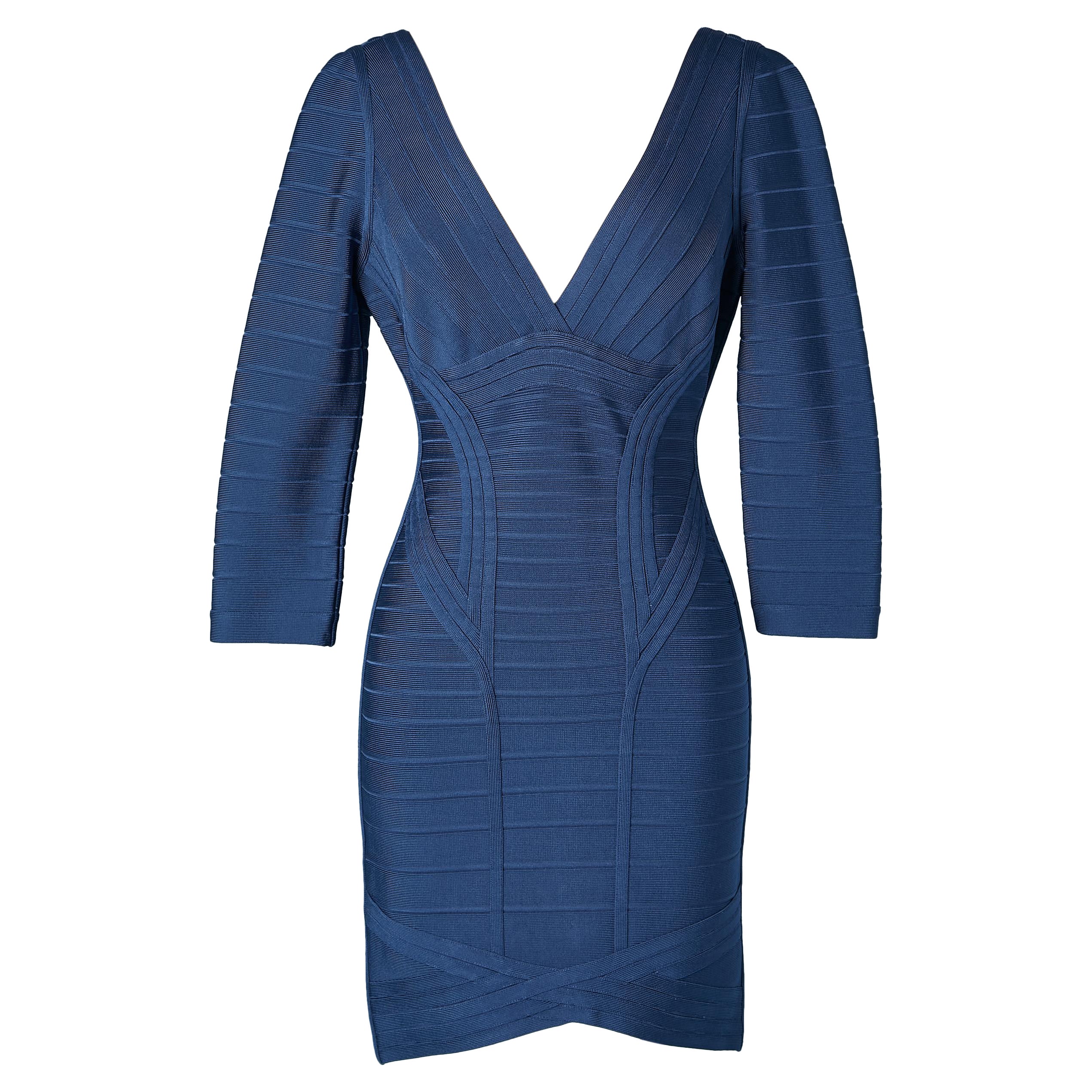 Blue rayon knit cocktail dress with strips Hervé Léger For Sale