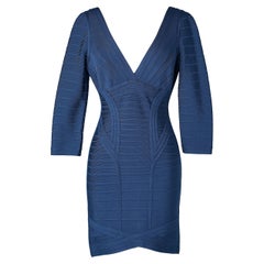 Blue rayon knit cocktail dress with strips Hervé Léger 