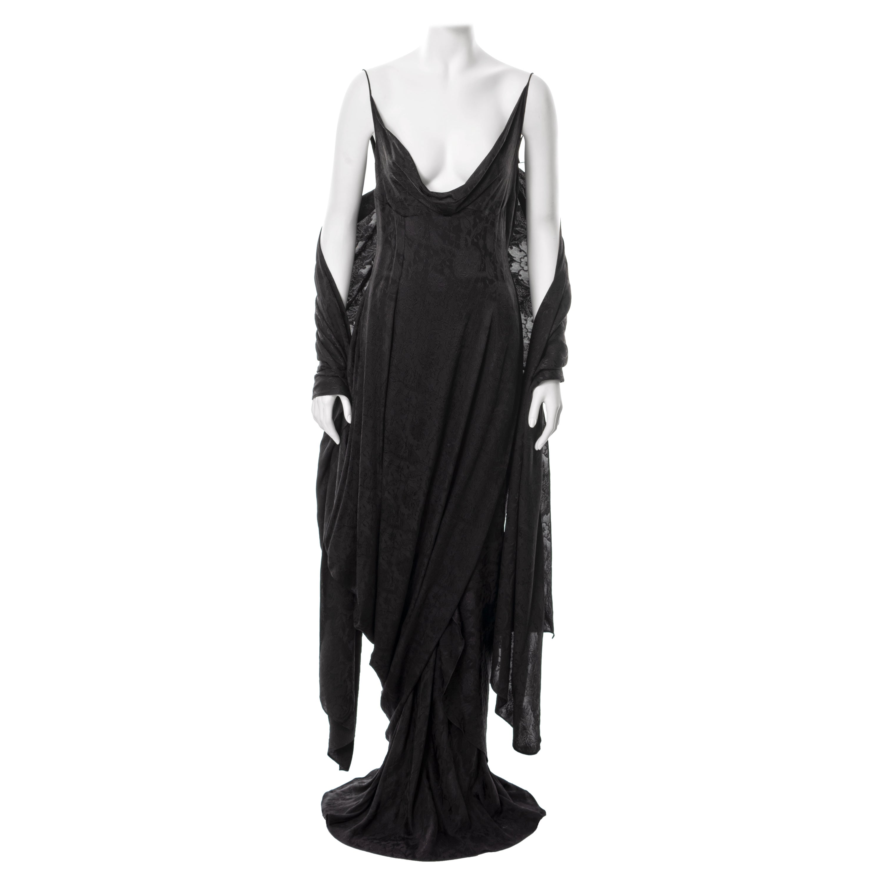 John Galliano black floral silk jacquard draped evening dress and shawl, ss 1999 For Sale